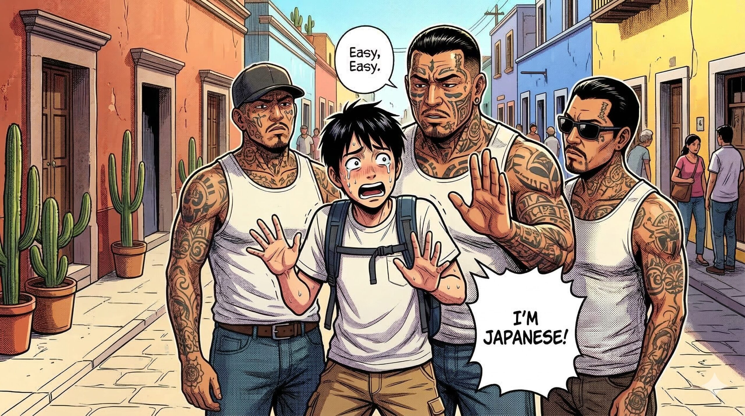 8年くらい前にメキシコ旅行行った時に顔面タトゥー入りのギャング3人に囲まれたワイ